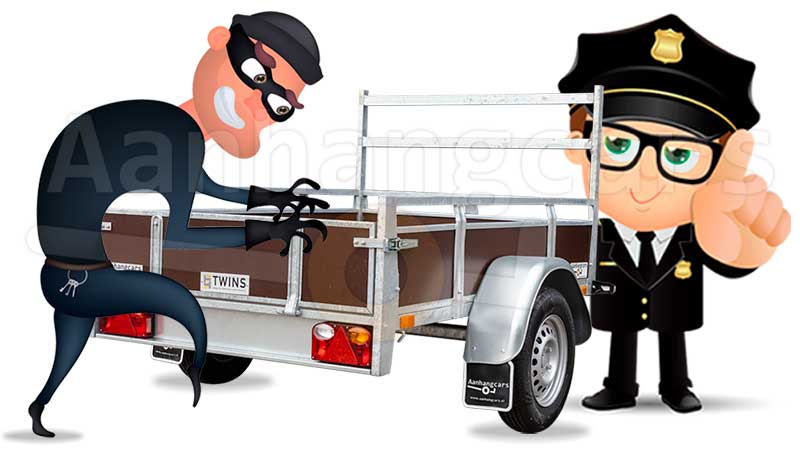 Cartoon van dief die aanhangwagen wil stelen en een politieman die een vermanende vinger opsteekt