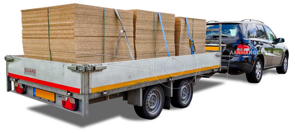 Een plateauwagen beladen met stapels houten platen achter een auto