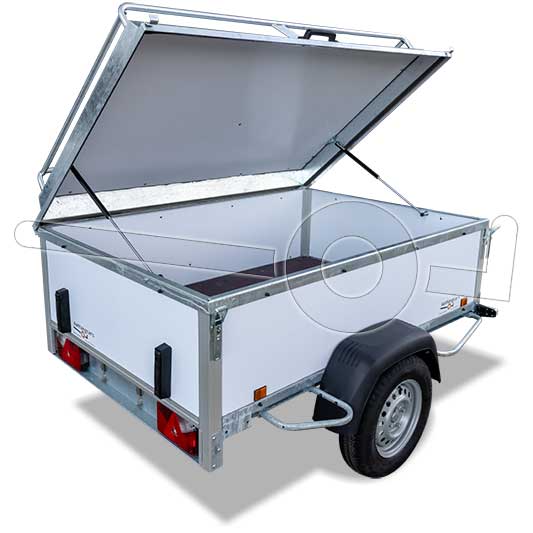 Witte Power Trailer bagagewagen met geopend deksel